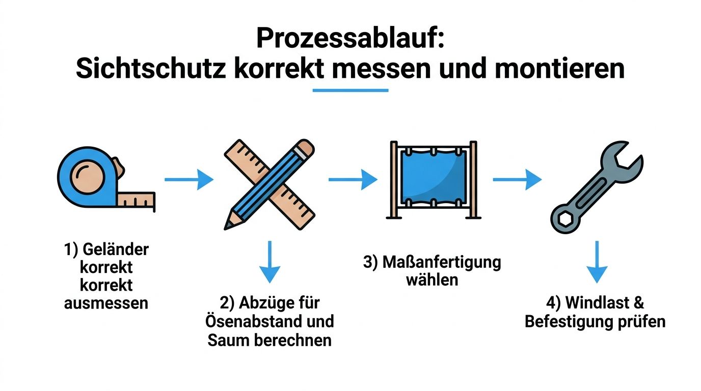 Balkon Sichtschutz Holzoptik: Tipps zu Material & Montage 4 Eine Infografik mit vier Schritten zur korrekten Vermessung und Montage eines Sichtschutzes am Balkon.