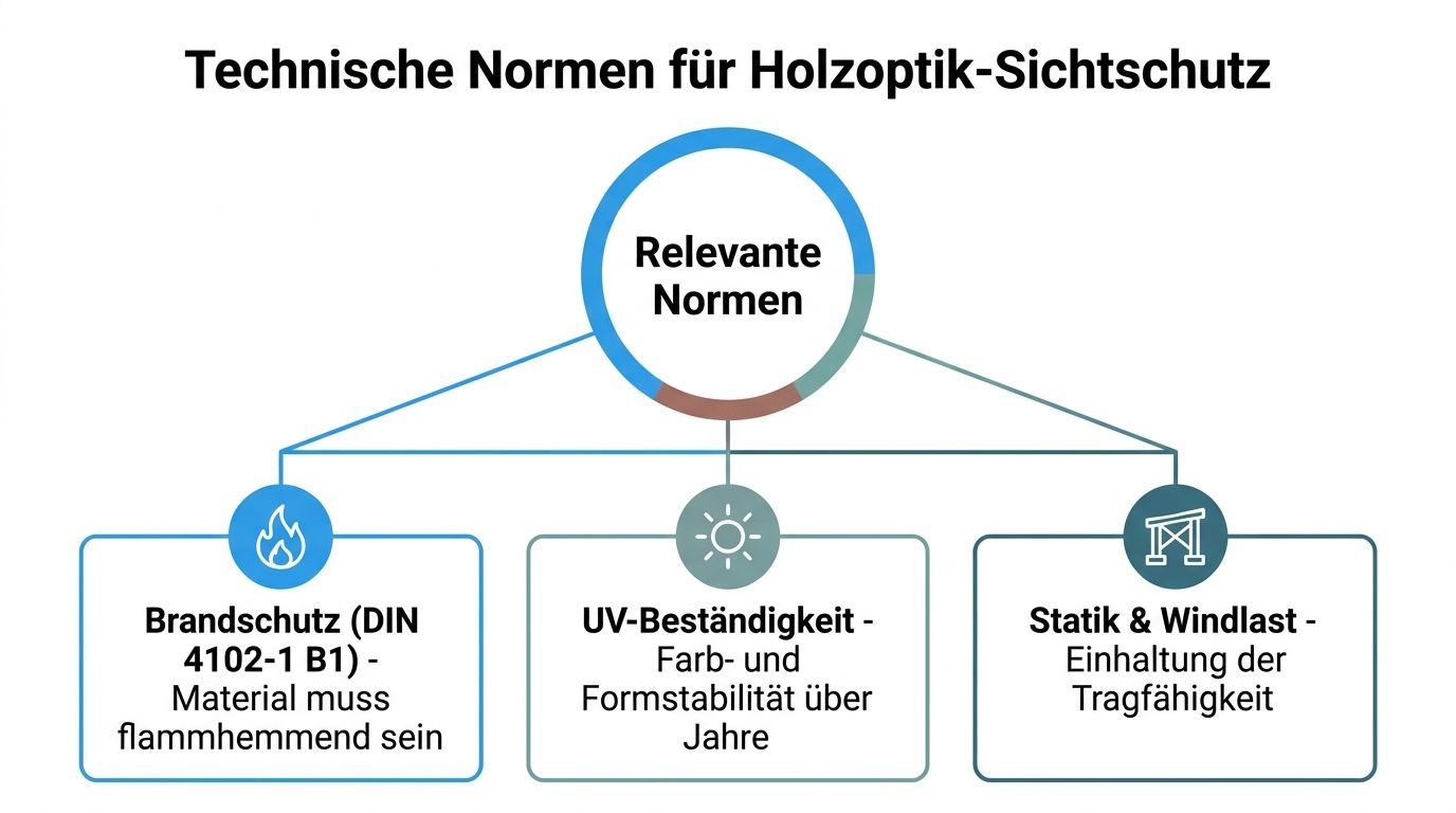 Balkon Sichtschutz Holzoptik: Tipps zu Material & Montage 8 Infografik zeigt relevante technische Normen für einen Sichtschutz in Holzoptik inklusive Brandschutz, UV-Beständigkeit sowie Statik und Windlast.