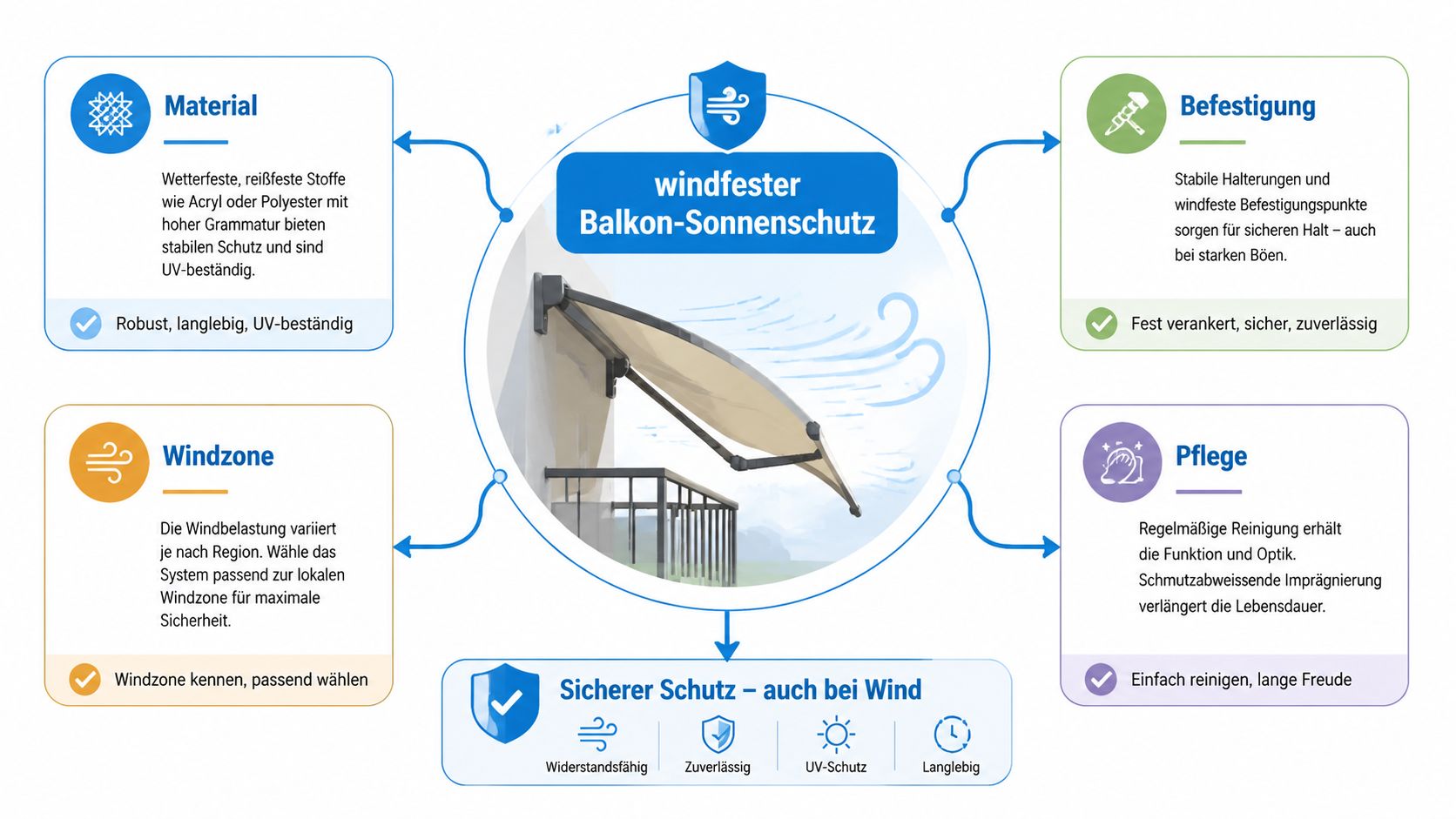 Balkon Sonnenschutz windfest: Materialien, Montage 3 Infografik zeigt die Vorteile eines windfesten Sonnenschutzes für den Balkon inklusive Material, Befestigung, Windzone und Pflegehinweisen.