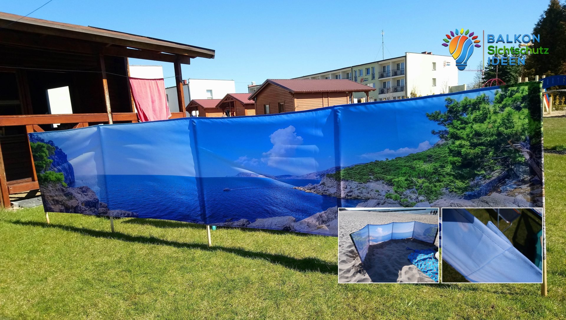 Strand Sichtschutz auswählen, welcher Windschutz am Strand passt 3 Ein aufgebauter Strandwindschutz mit Sitzbereich am Strand bei sonnigem Wetter.
