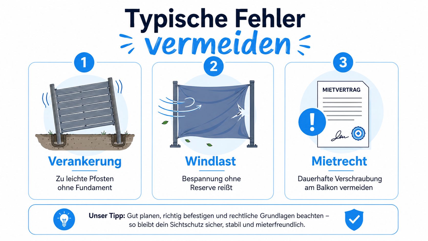 Sichtschutz Terrasse selber bauen: Anleitung in 5 Schritten 5 Eine Infografik mit drei Tipps zur Vermeidung von Fehlern bei der Montage eines Sichtschutzes für Terrasse oder Balkon.