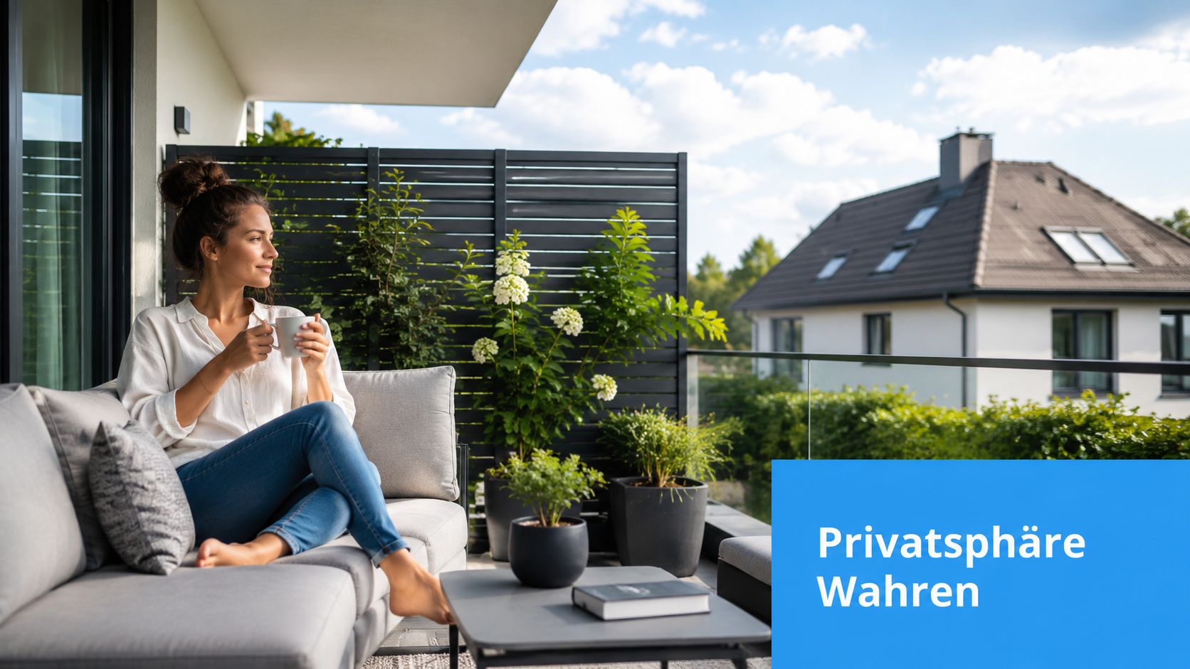 Sichtschutz Terrasse günstig: Materialien und Montage 3 Eine Frau entspannt auf einem Balkon mit Sichtschutz, der für mehr Privatsphäre im Außenbereich sorgt.
