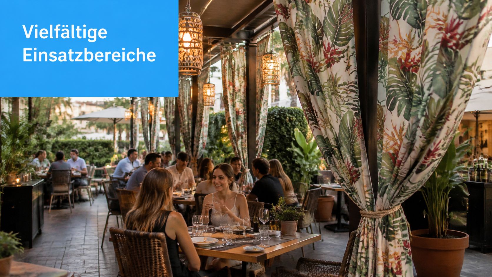 Vorhänge mit Motiv: Materialien, Druck und Pflege 6 Ein stilvolles Restaurant im Freien mit tropischen Motiv-Vorhängen und glücklichen Gästen an gemütlichen Tischen am Abend.