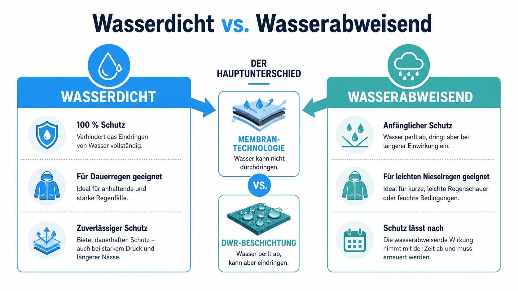 Outdoor Vorhang wasserdicht: Der große Praxisratgeber 6 Eine Infografik, die den Unterschied zwischen wasserdichten und wasserabweisenden Materialien anhand von Funktionen und Schutzgraden erklärt.