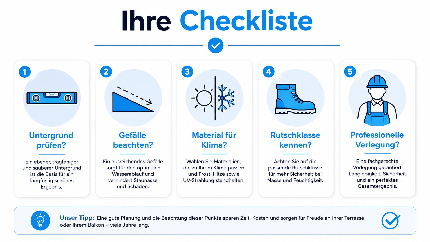 Pool Umrandung: Materialien, Kosten und Sicherheit 6 Eine nummerierte Checkliste mit fünf Tipps für die Planung von Terrassen und Balkonen für ein schönes Ergebnis.