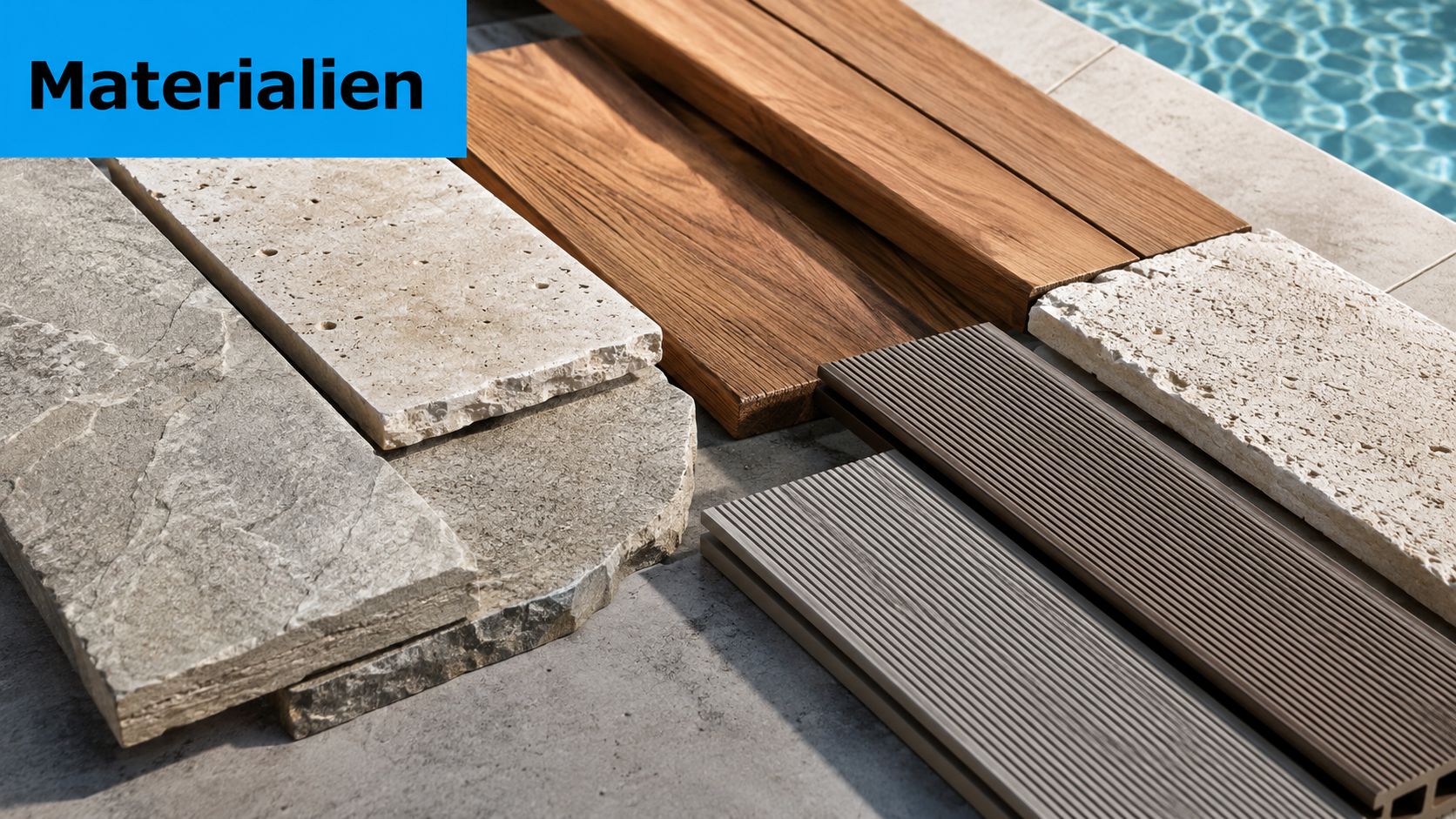 Pool Umrandung: Materialien, Kosten und Sicherheit 3 Verschiedene Baumaterialien wie Naturstein, Holzplanken und WPC-Dielen für eine moderne Poolumrandung im Außenbereich angeordnet.