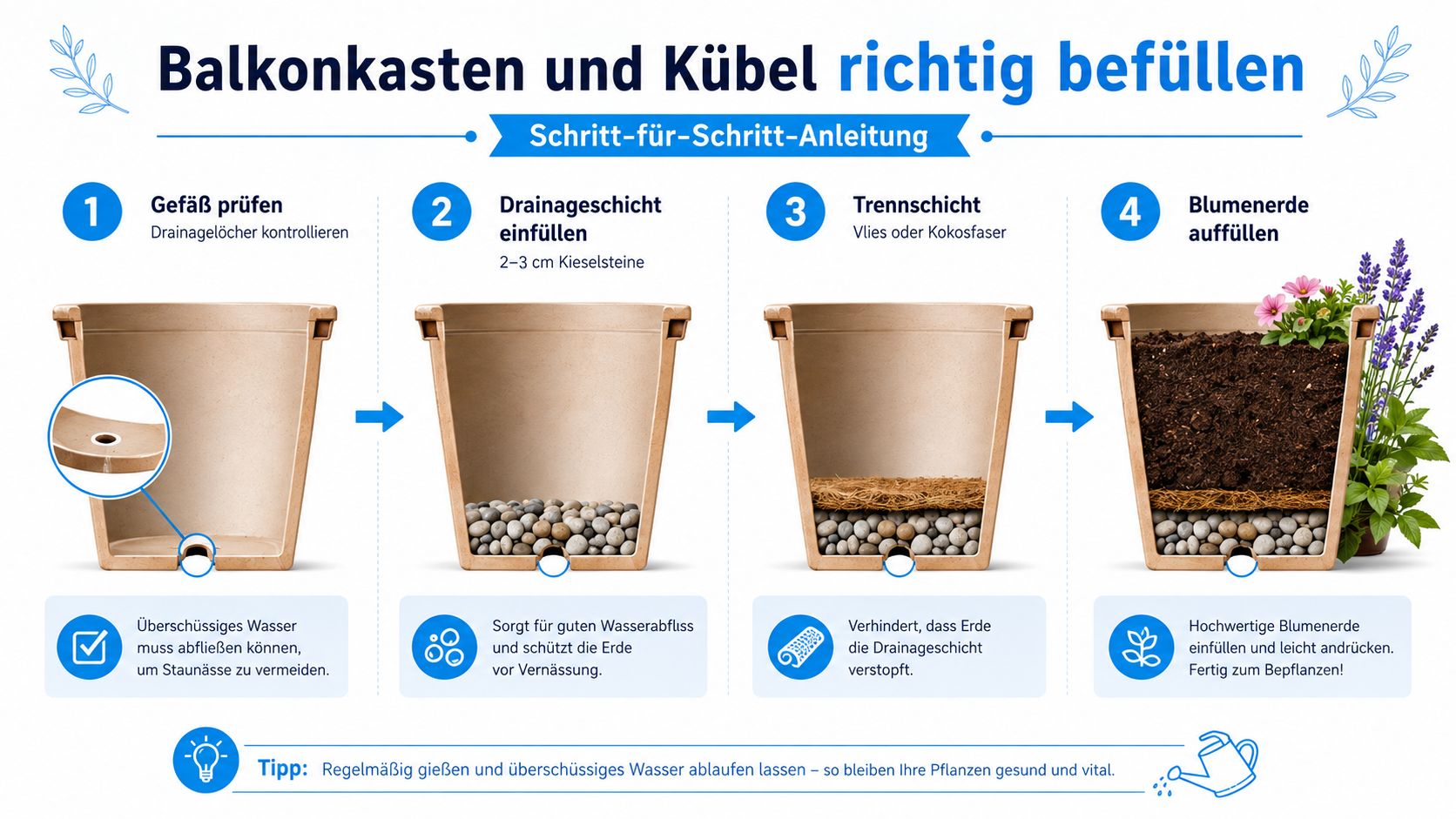 Blumenerde Balkon: Der Praxisguide 2026 7 Eine illustrierte Anleitung mit vier Schritten zum richtigen Bepflanzen von Balkonkästen und Kübeln mit Blumen.