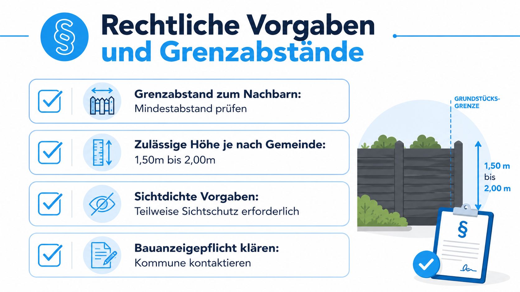 Sichtschutz Zaun Elemente: Materialien, Aufbau, Recht 5 Infografik zu rechtlichen Vorgaben und Grenzabständen bei der Errichtung von Sichtschutzzäunen an der Grundstücksgrenze.