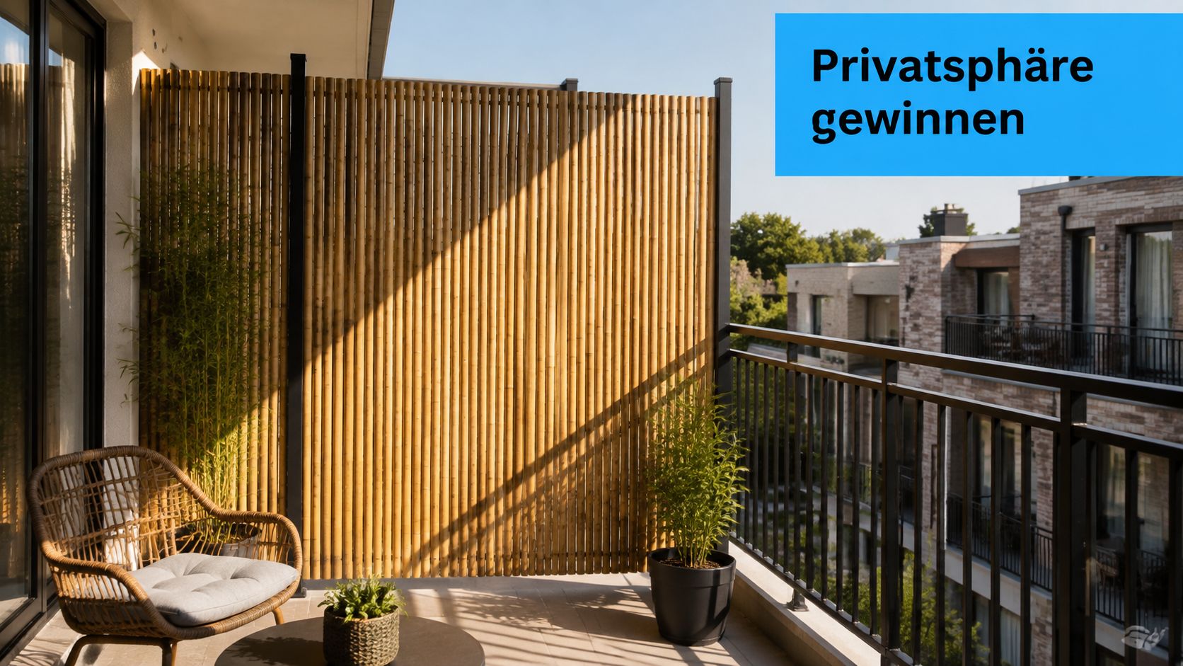 Sichtschutz 2m hoch: Auswahl, Rechtliches und Montage 3 Ein moderner Balkon mit einem hohen Bambus-Sichtschutz, einem Rattanstuhl und Pflanzen für mehr Privatsphäre im Außenbereich.