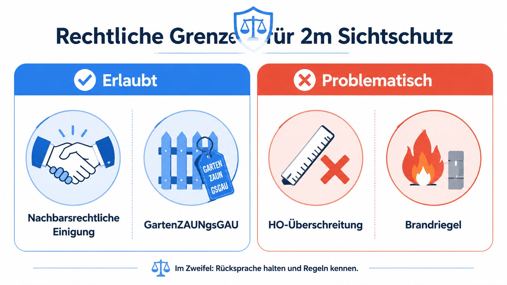 Sichtschutz 2m hoch: Auswahl, Rechtliches und Montage 4 Grafik zeigt rechtliche Rahmenbedingungen und Bedingungen für die Errichtung eines zwei Meter hohen Sichtschutzes im Garten.