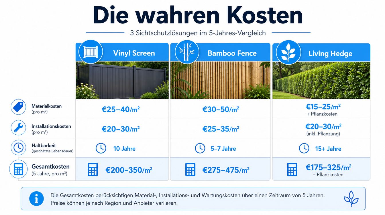 Sichtschutz Terrasse günstig: Materialien und Montage 4 Vergleich der Kosten für Sichtschutzlösungen wie Vinyl-Sichtschutz, Bambuszaun und Hecken über einen Zeitraum von fünf Jahren.