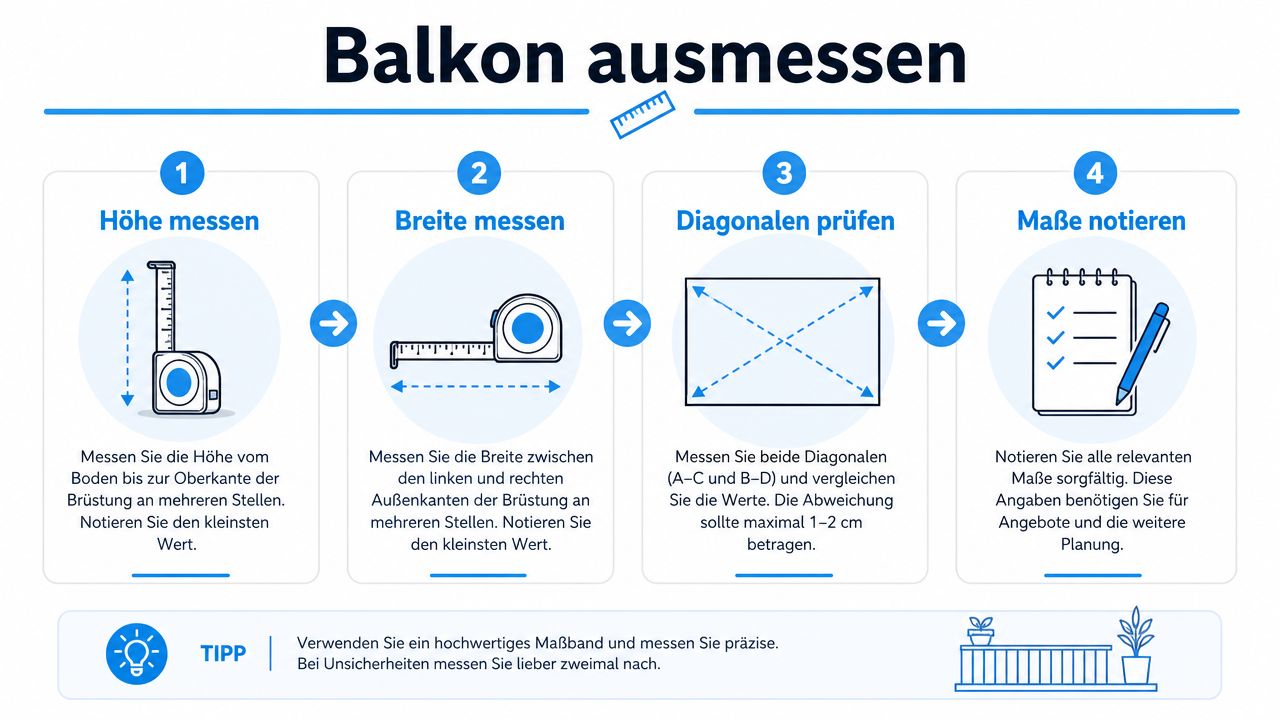 Sichtschutz PVC Meterware: Der komplette Ratgeber 9 Eine Infografik mit vier Schritten, die erklärt, wie man einen Balkon für Sichtschutz korrekt ausmisst.