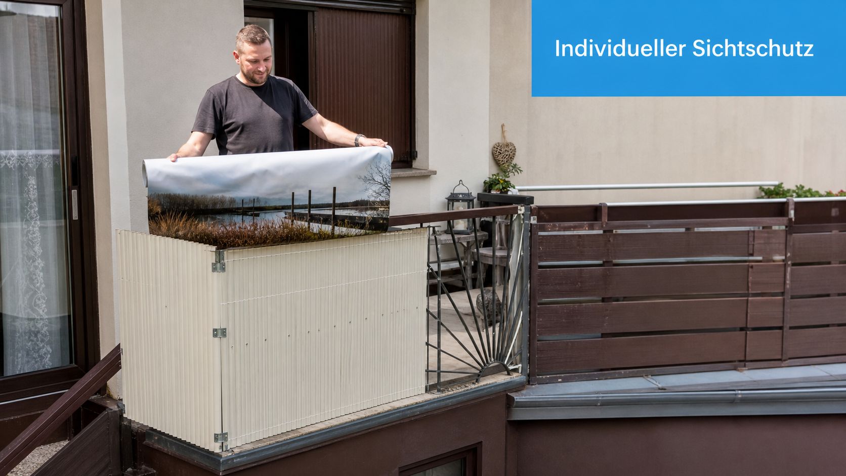 Sichtschutz PVC Meterware: Der komplette Ratgeber 4 Ein Mann montiert eine individuelle Sichtschutzfolie mit Naturmotiv an seinem Balkongeländer aus weißem Kunststoff.