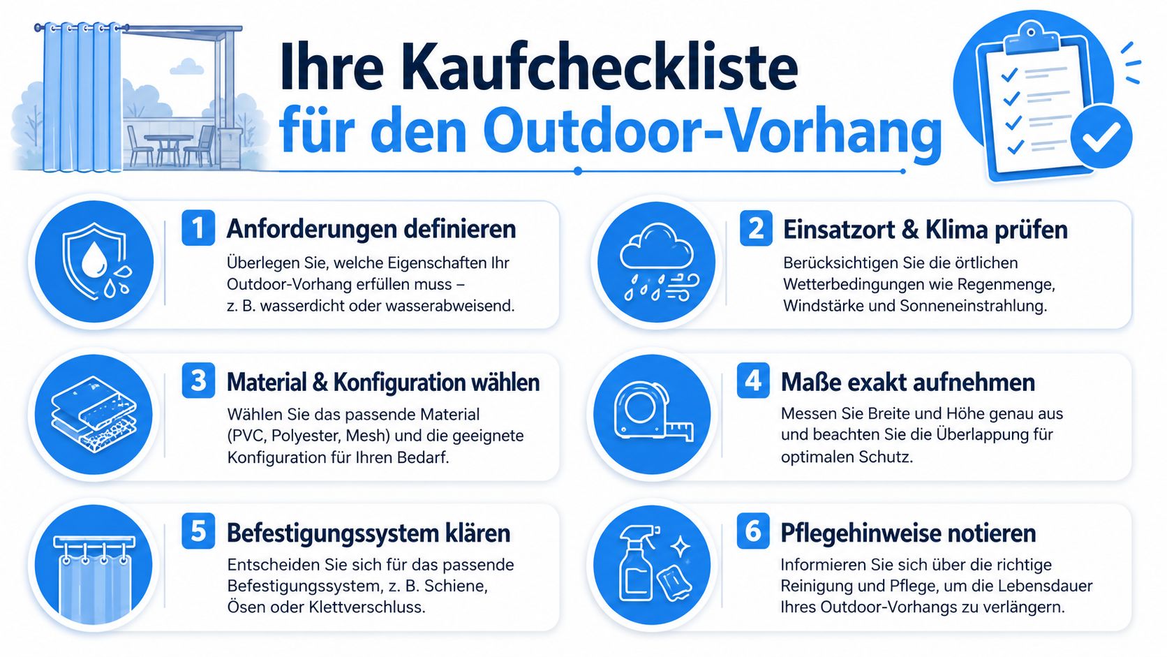 Outdoor Vorhang wasserdicht: Der große Praxisratgeber 8 Eine strukturierte Kaufcheckliste für Outdoor-Vorhänge mit sechs Schritten von der Anforderungsdefinition bis zur Pflegeanleitung für den Außenbereich.