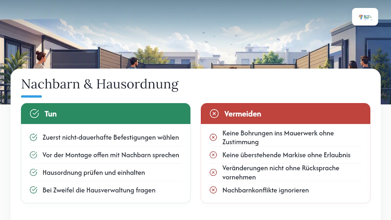 Ohne Bohren sturmfest: Maßgefertigten Balkonsichtschutz in Deutschland 4 Was müssen Sie bei Nachbarn und Hausordnung beachten? — overview diagram