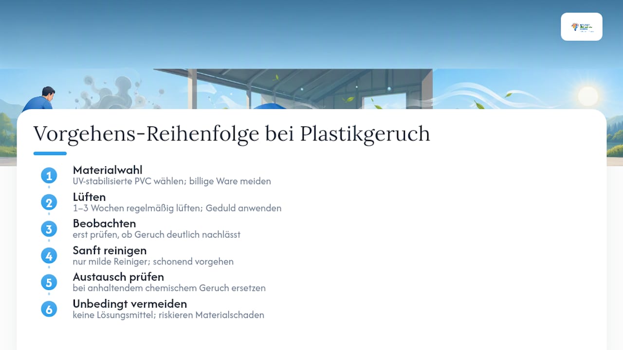 Plastikgeruch bei PVC‑Planen loswerden: 24–48 Stunden lüften, ohne Lösungsmittel 4 Was beim Thema Plastikgeruch oft übersehen wird — overview diagram