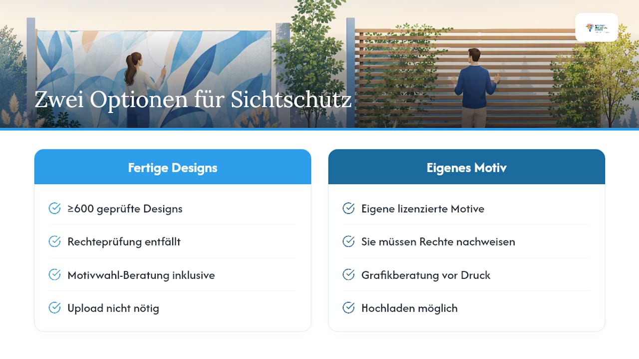 Sechs Schritte zur rechtssicheren Nutzung beim Motivdruck in Deutschland 5 Rechtssicher gestalten: Sichtschutz mit geprüften Motiven von Balkon-Sichtschutz-Ideen — overview diagram