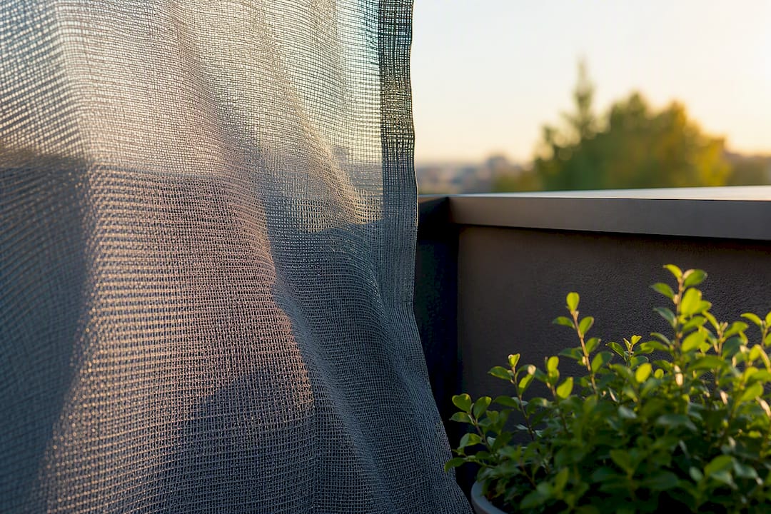3 Fragen entscheiden: Ösen oder Keder am Balkon, Herstellercheck 3 Vom Wind bewegtes, luftdurchlässiges Balkon-Mesh