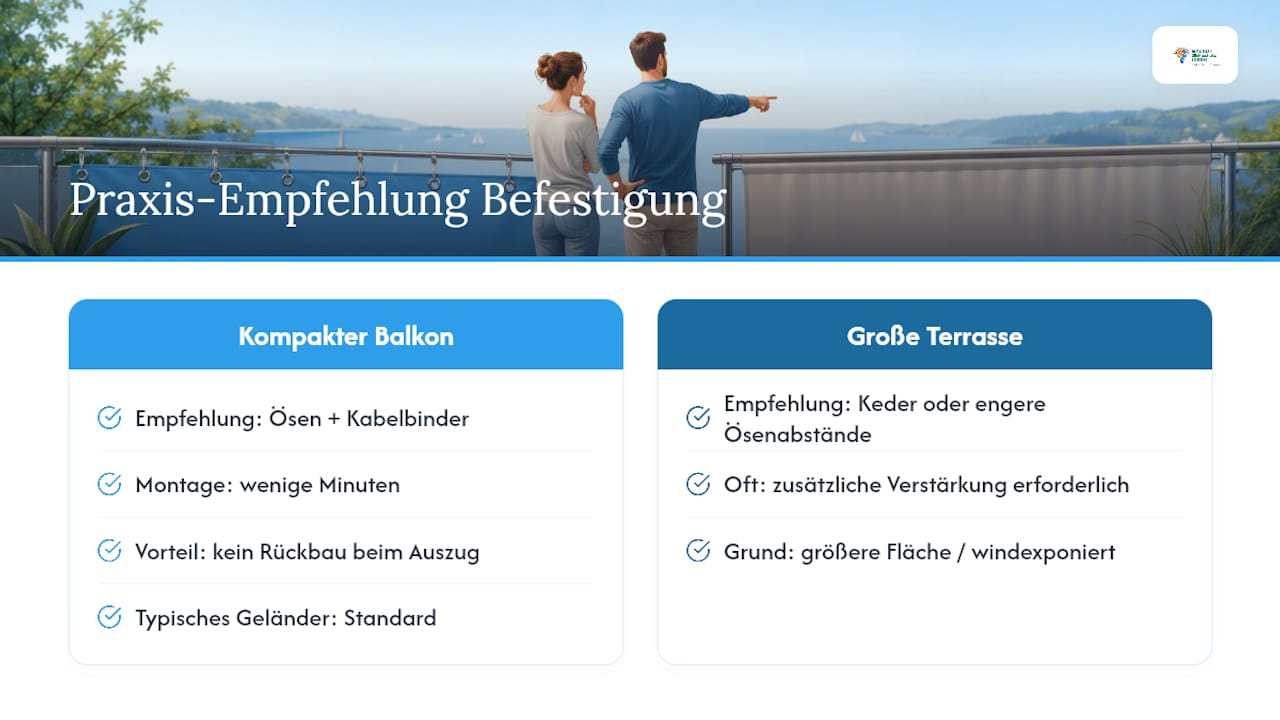 3 Fragen entscheiden: Ösen oder Keder am Balkon, Herstellercheck 4 Unsere Praxis-Perspektive: Beratung, Fertigung und Montage im Alltag — overview diagram