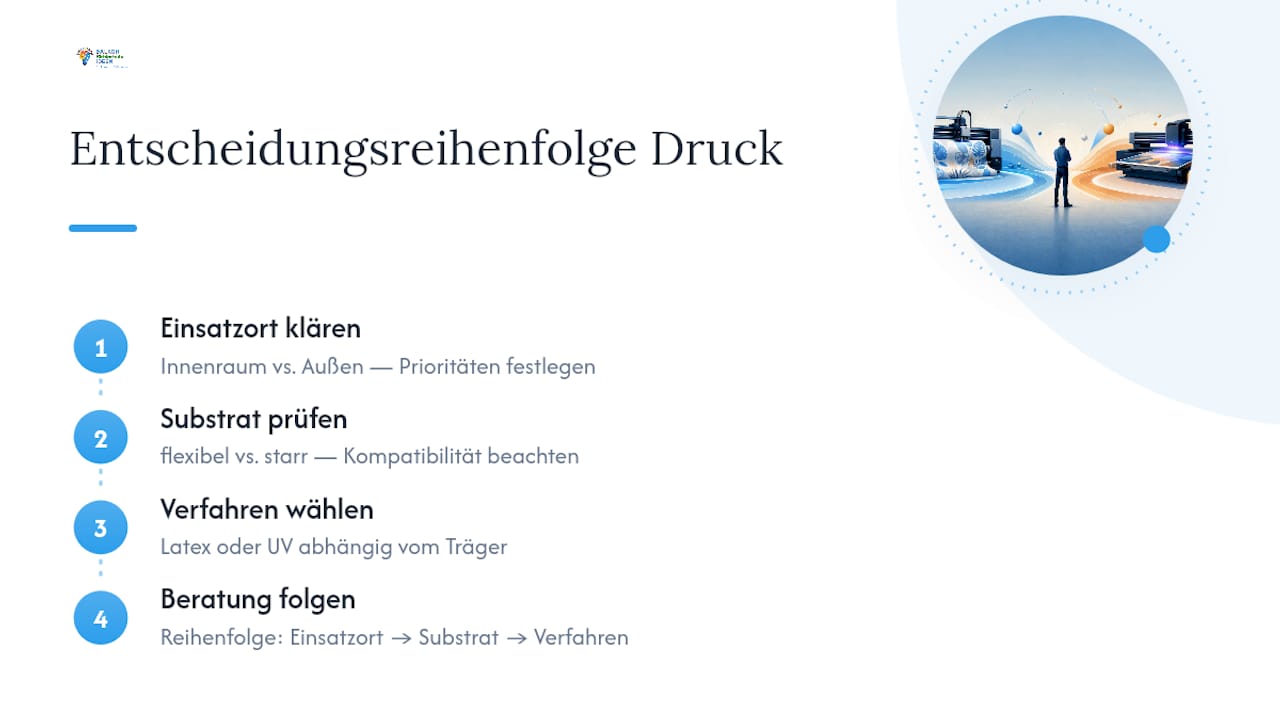Latexdruck vs. UV-Druck: welches Verfahren passt zu Ihrem Projekt? 4 Editorial: Warum die Verfahrenswahl oft zu spät diskutiert wird — overview diagram