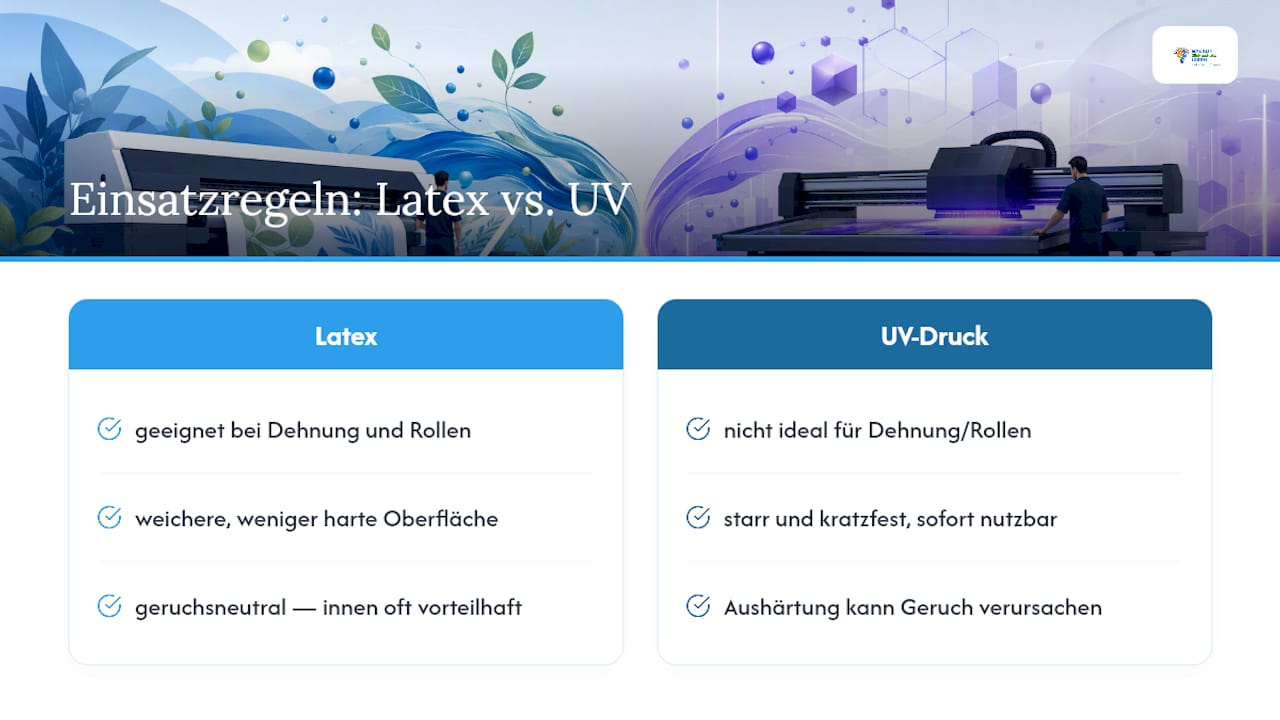 Latexdruck vs. UV-Druck: welches Verfahren passt zu Ihrem Projekt? 3 Drei Entscheidungsregeln für Ihre nächste Bestellung — overview diagram