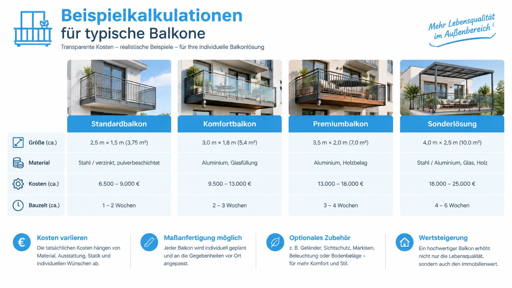 Balkonverkleidung Kosten: Preise, Materialien und Spartipps 4 Eine Infografik mit Kostenvergleichen für verschiedene Balkontypen, von Standard- bis zu Premiumlösungen und individuellen Sonderanfertigungen.