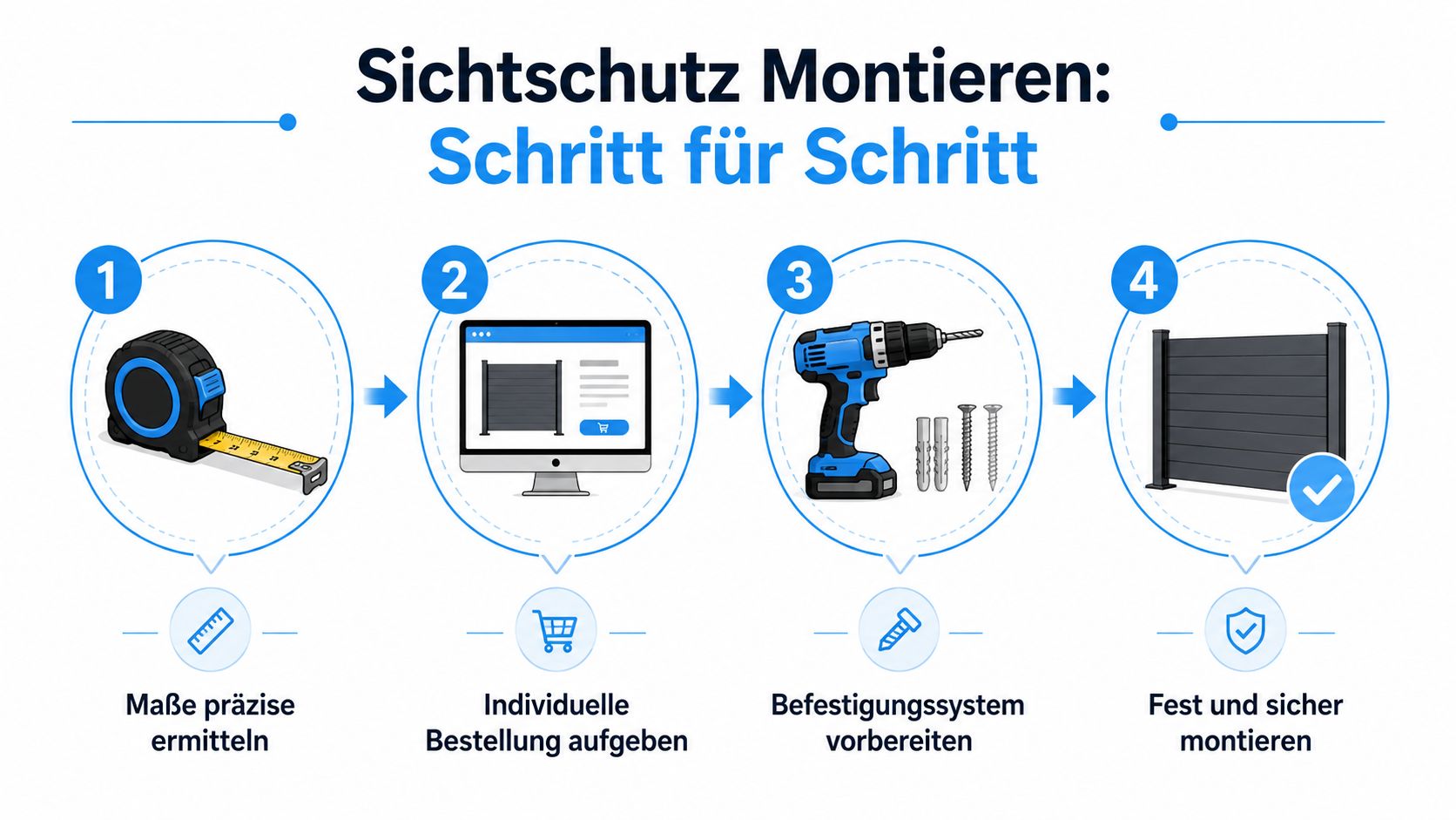 Balkon Sichtschutz Braun: Materialien, Pflege und Montage 6 Eine Schritt-für-Schritt-Anleitung zur Montage eines Sichtschutzes, dargestellt durch vier klare Symbole und kurze, verständliche deutsche Anweisungen.