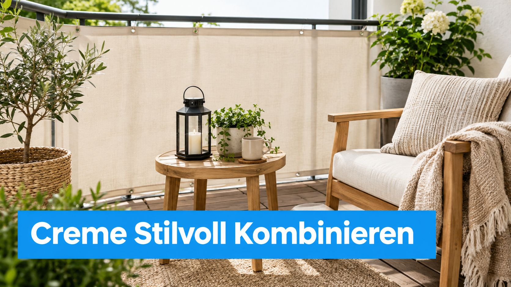 Balkon Sichtschutz Creme richtig wählen und kombinieren 6 Ein stilvoll eingerichteter Balkon mit Sichtschutz in Creme, gemütlichem Sessel, Holztisch und einer dekorativen Laterne im Tageslicht.