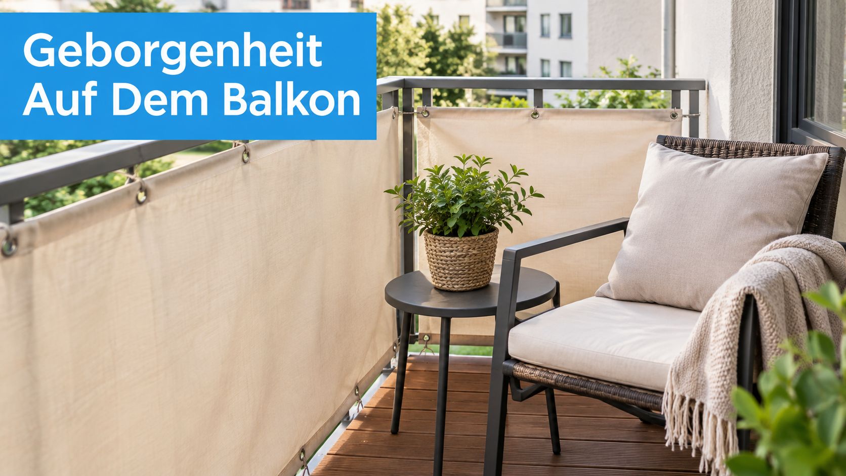 Balkon Sichtschutz Creme richtig wählen und kombinieren 3 Ein gemütlicher Balkon mit beigem Sichtschutz, einem kleinen Tisch mit Pflanze und einem bequemen Sessel mit Kissen.