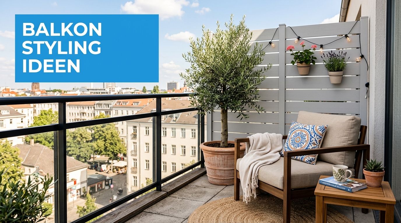 Balkon Sichtschutz Hellgrau optimal wählen – Ratgeber 6 Ein gemütlich gestalteter Balkon mit Sichtschutz, Loungesessel, Pflanze, Beistelltisch und Blick auf die Stadt bei Sonnenschein.