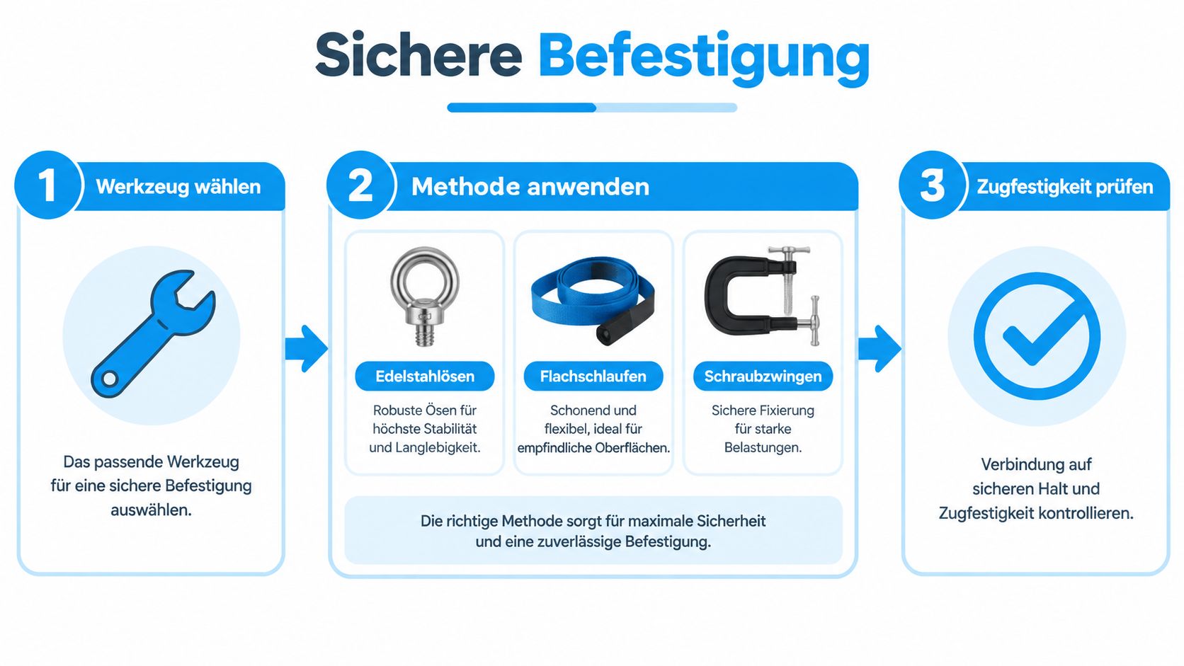 Sichtschutz auf dem Balkon: Ideen für 2026 7 Eine dreistufige Infografik zur sicheren Befestigung von Gegenständen, unterteilt in Werkzeugwahl, Methoden und die Überprüfung der Zugfestigkeit.