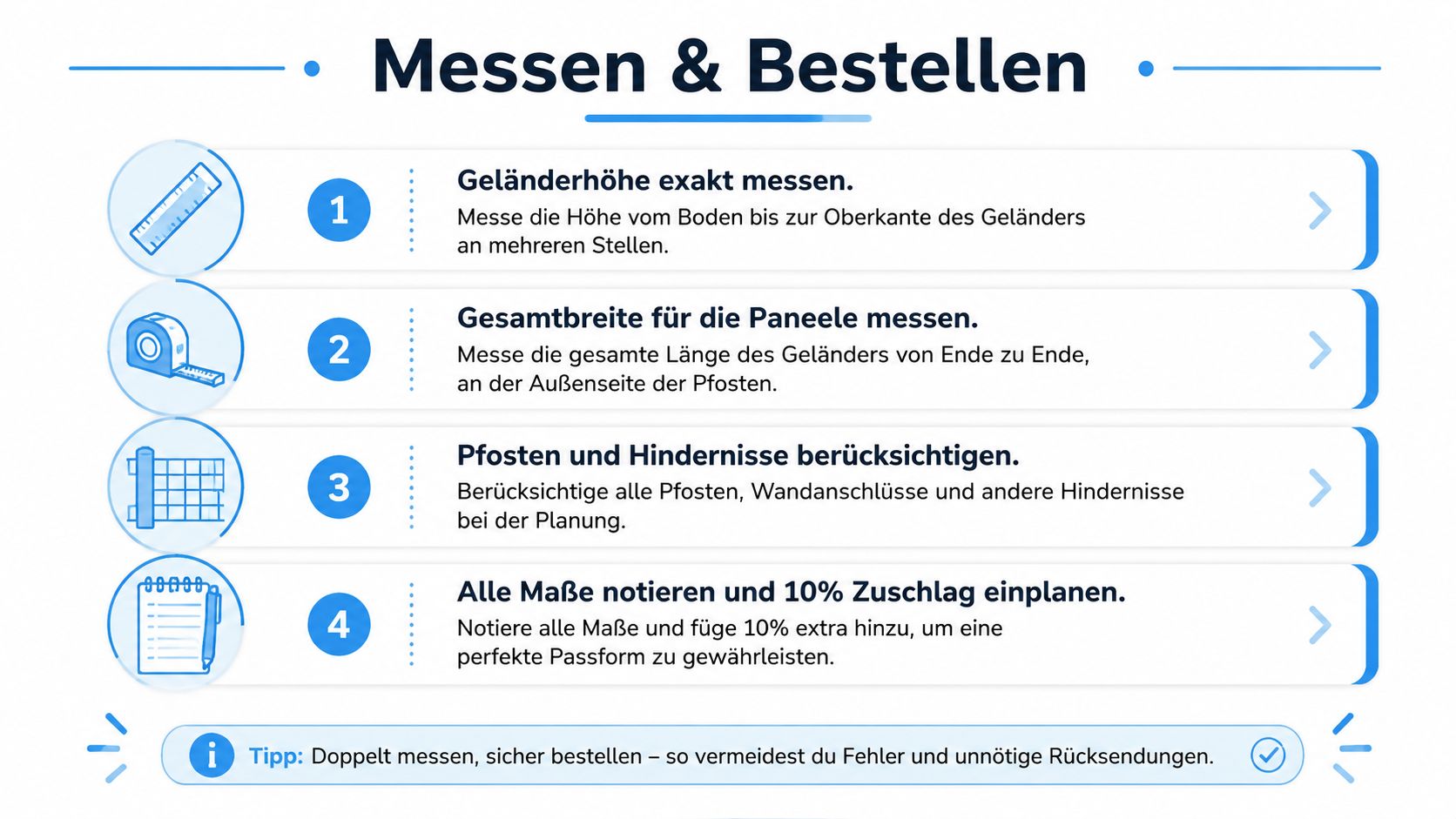 Balkon Sichtschutz mit Fotodruck – Der komplette Ratgeber 4 Eine Anleitung in vier Schritten zum Messen und Bestellen von Balkonsichtschutz mit Tipps für exakte Maße.