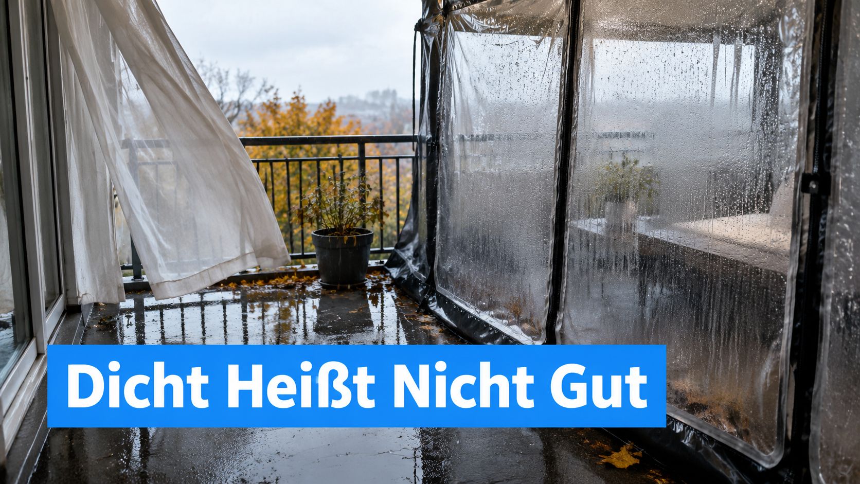 Balkon Wetterschutz: Materialien, Montage und Rechtliches 3 Ein verregneter Balkon mit durchsichtiger Wetterschutzfolie, die bei schlechtem Wetter an einem herbstlichen Tag Schutz bietet.