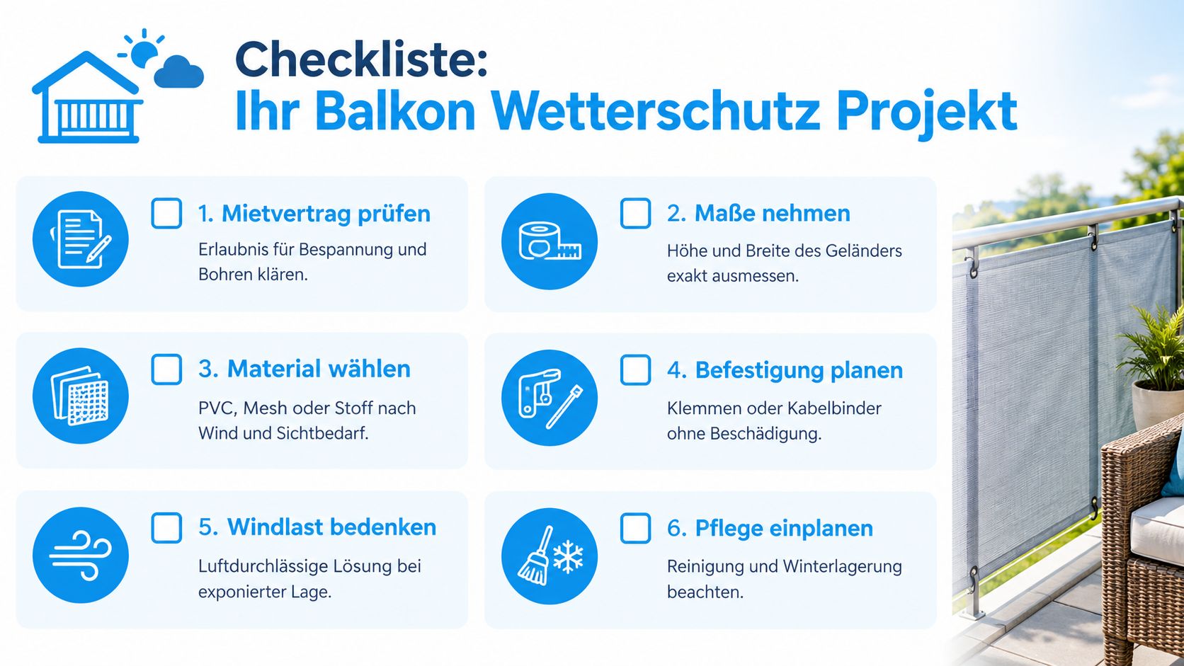 Balkon Wetterschutz: Materialien, Montage und Rechtliches 6 Eine Checkliste in deutscher Sprache für die Planung und Installation eines Balkon-Wetterschutzes mit sechs verschiedenen Schritten.