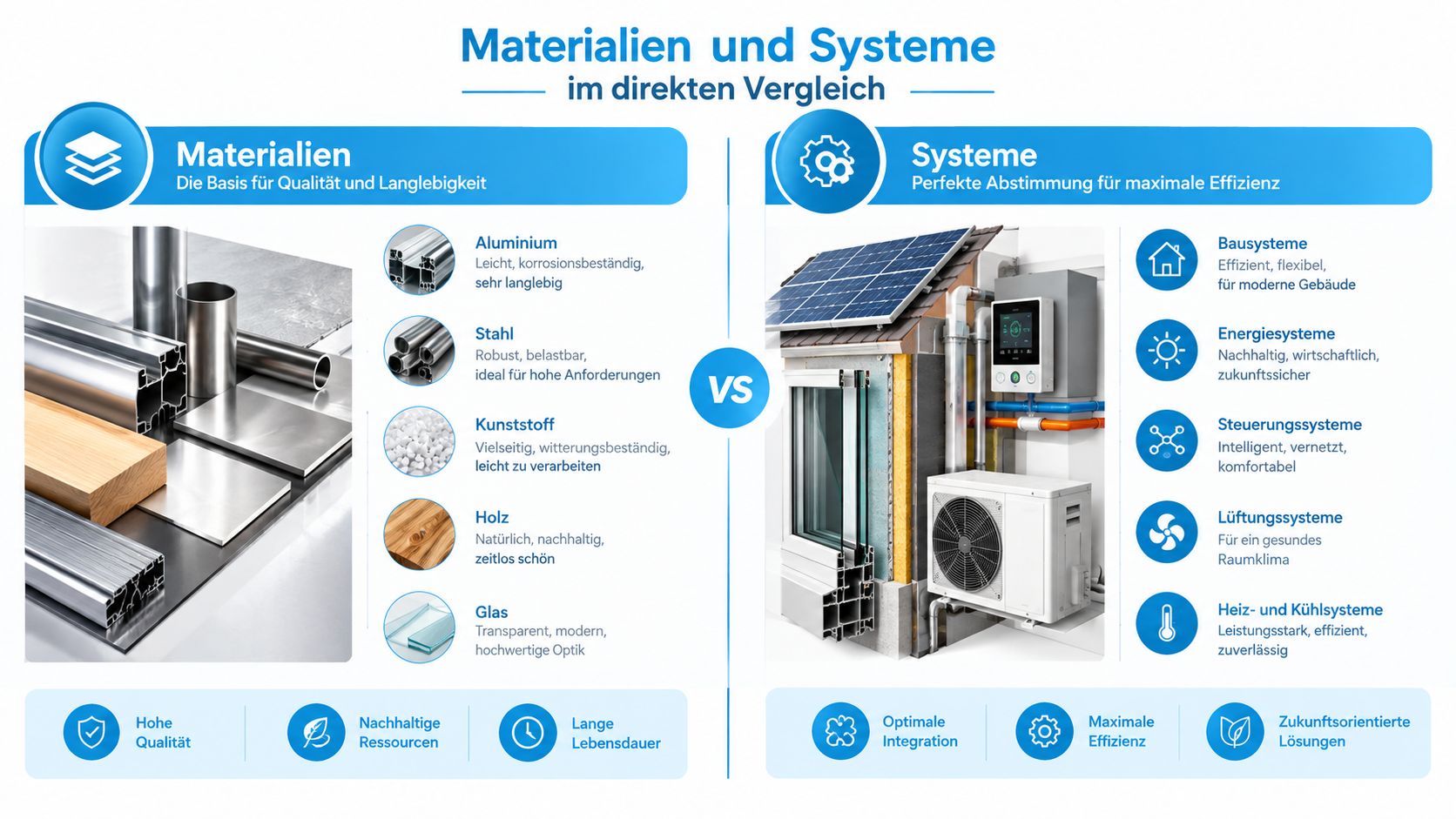 Balkon Wetterschutz: Materialien, Montage und Rechtliches 4 Vergleichsgrafik zwischen Materialien für die Langlebigkeit und technischen Bausystemen für maximale Energieeffizienz in modernen Gebäuden.