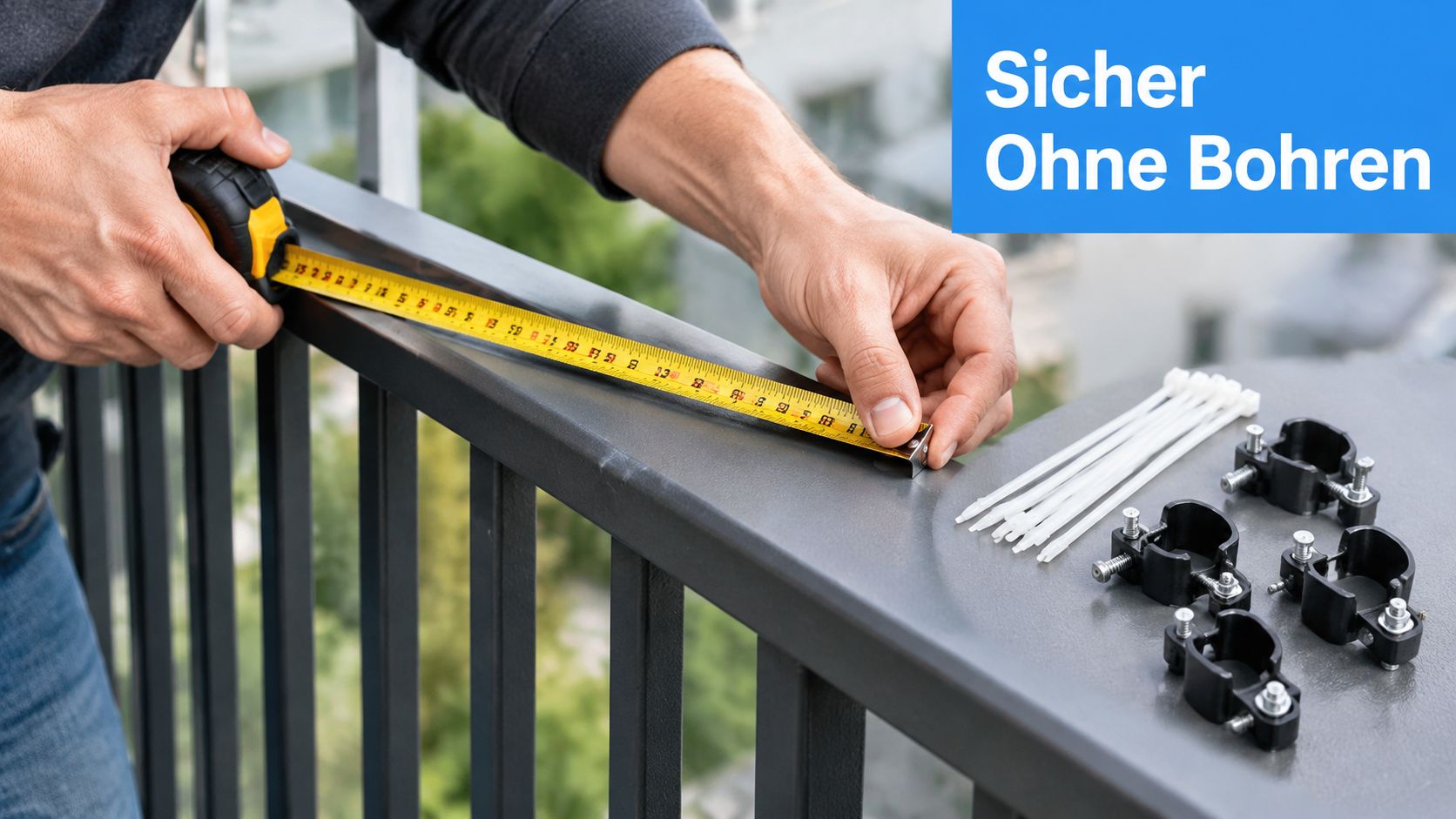 Balkon Wetterschutz: Materialien, Montage und Rechtliches 5 Eine Person misst mit einem Maßband die Breite eines Balkongeländers zur Vorbereitung einer Montage ohne Bohren.