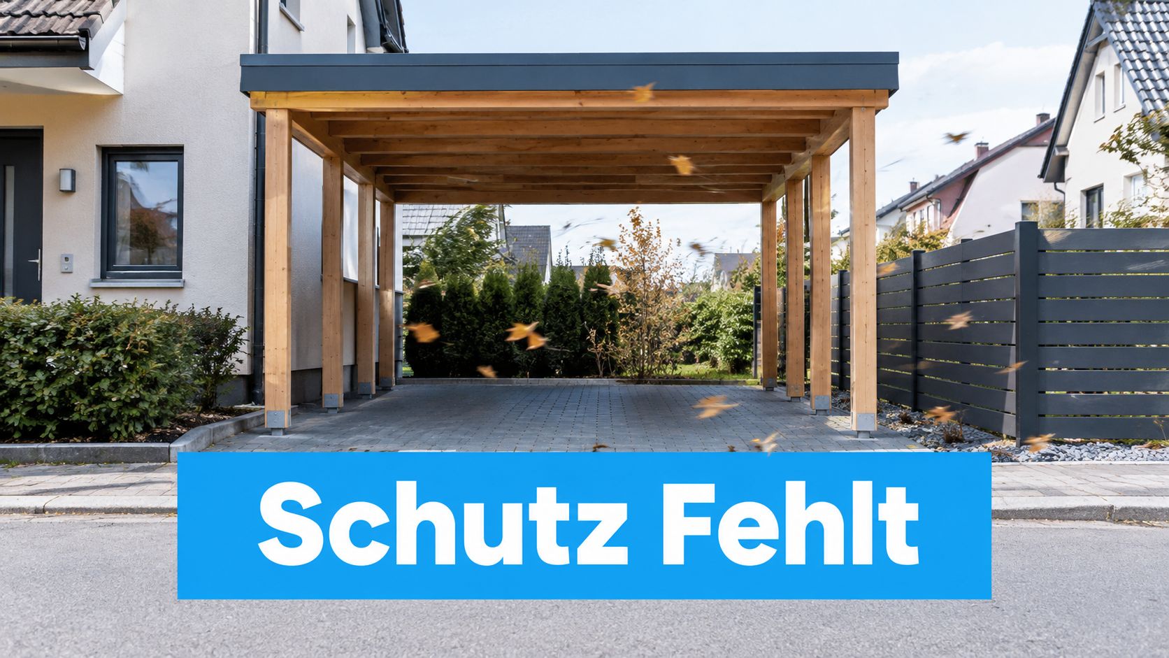 Carport Sichtschutz: die besten Varianten 2026 3 Ein modernes Holz-Carport vor einem Wohnhaus, das aufgrund fehlender Seitenwände keinen vollständigen Schutz bietet.