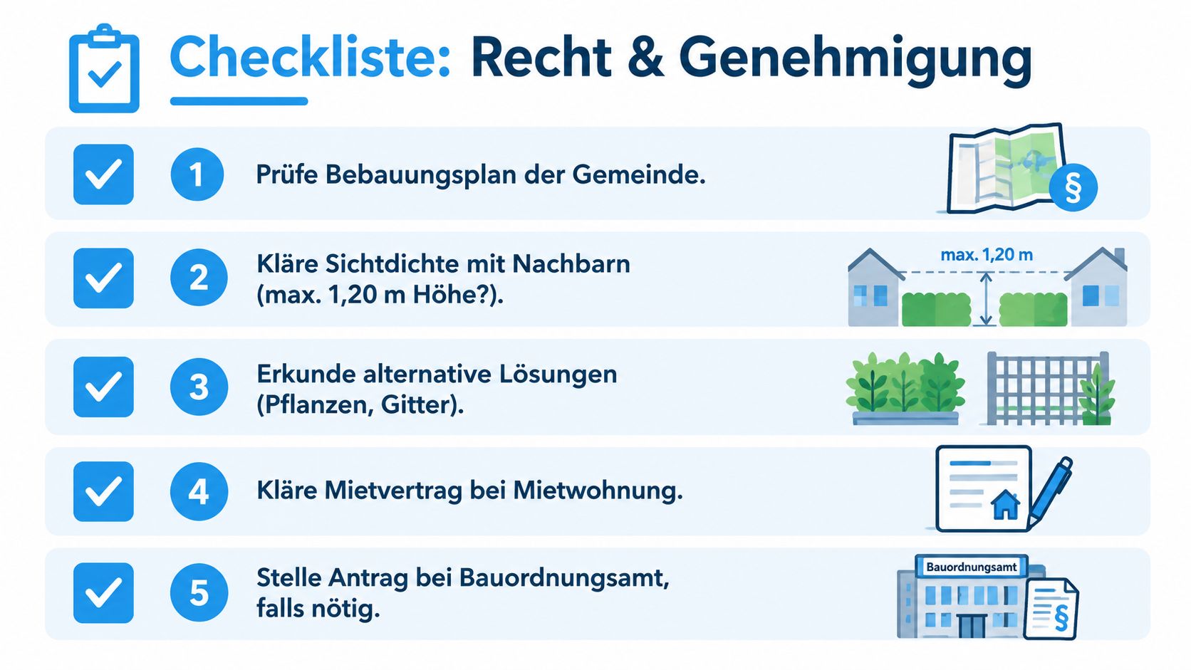 Carport Sichtschutz: die besten Varianten 2026 6 Eine Checkliste zum Thema Recht und Genehmigung für Sichtschutzmaßnahmen wie Hecken oder Zäune im Garten.
