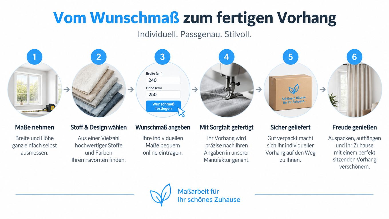 Vorhang mit Motiv: Materialien, Druck und Pflege 4 Eine Infografik mit sechs Schritten, die zeigt, wie man individuell maßgefertigte Vorhänge online bestellen und genießen kann.