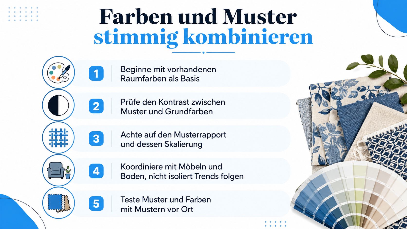 Gardine mit Muster: Stoffe, Stile und Einsatztipps 4 Eine Infografik mit fünf Schritten zum harmonischen Kombinieren von Farben und Mustern in der Inneneinrichtung.