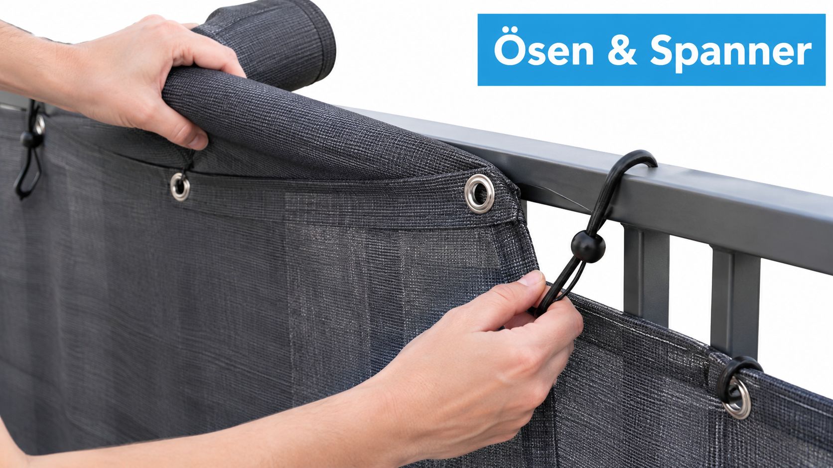 Befestigung für Sichtschutz auf Balkon und Terrasse 4 Eine Person befestigt einen grauen Balkon-Sichtschutz mit Metallösen und elastischen Spannern an einem grauen Balkongeländer.