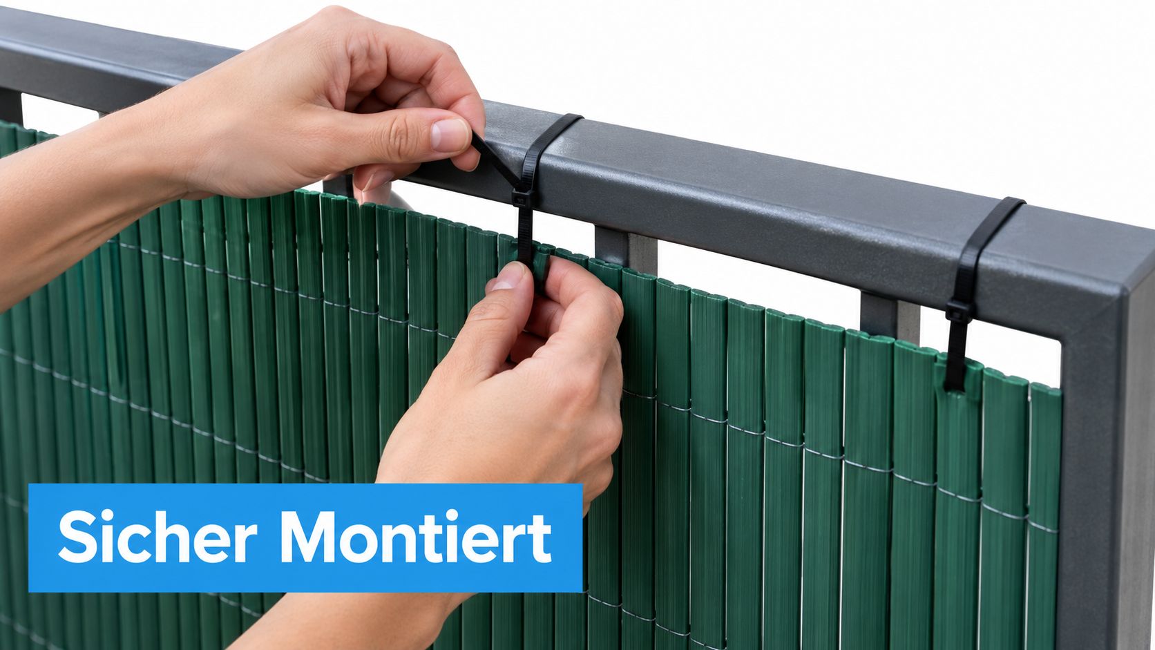 Sichtschutzmatte PVC grün richtig wählen und montieren 4 Eine Person befestigt eine grüne Sichtschutzmatte aus PVC mit Kabelbindern sicher an einem grauen Balkongeländer.