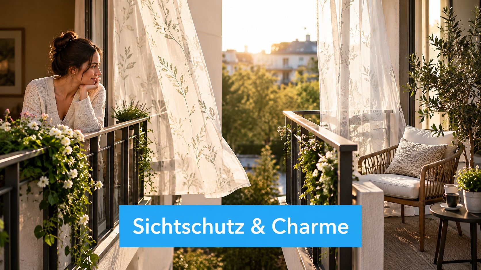 Vorhang mit Motiv: Materialien, Druck und Pflege 3 Eine Frau genießt den Blick von einem sonnigen Balkon mit dekorativen, lichtdurchlässigen Vorhängen mit Pflanzenmuster.