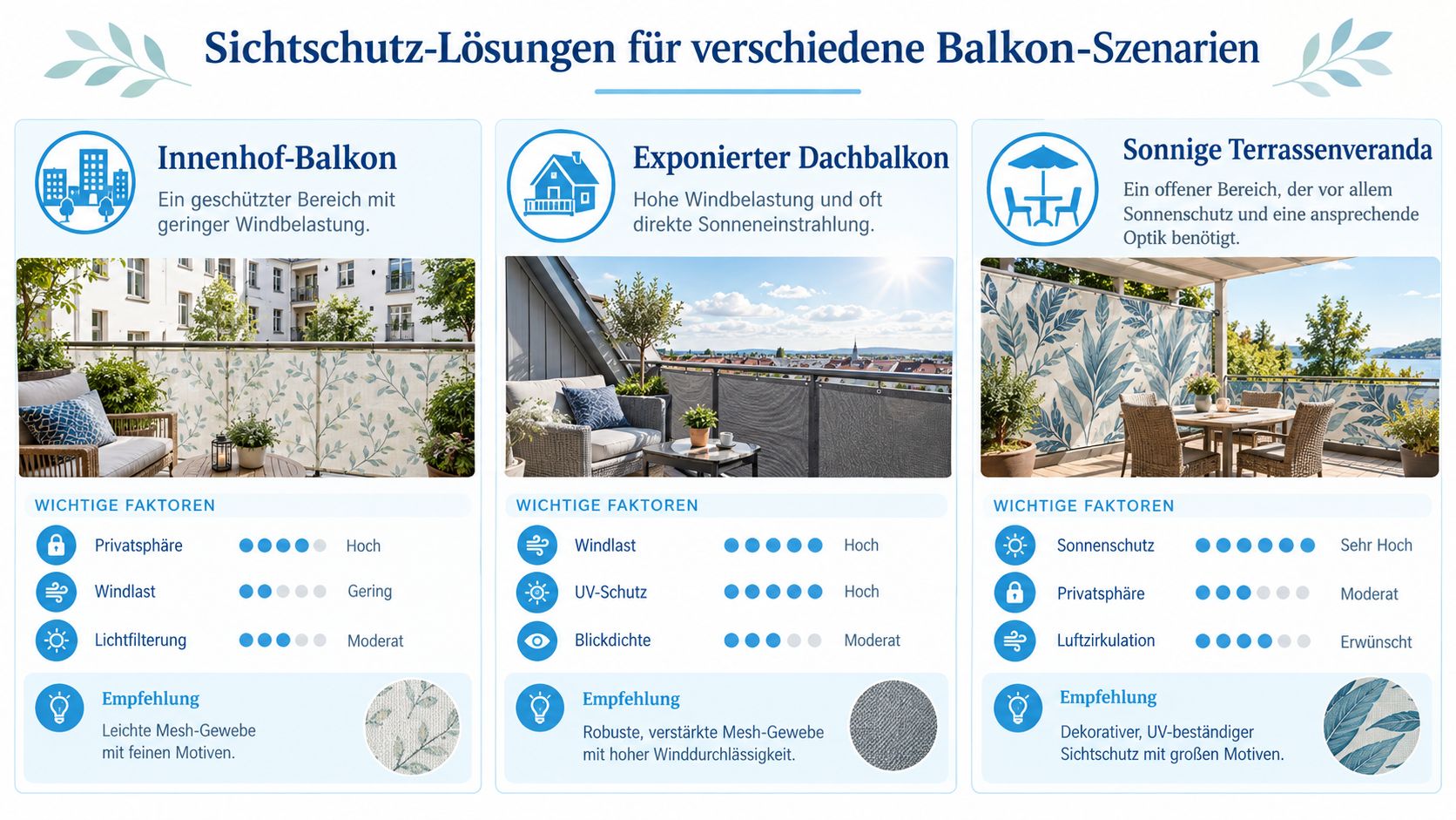Sichtschutz winddurchlässig Motiv und Materialien 5 Übersicht zu Sichtschutz-Lösungen für Innenhof-Balkone, Dachbalkone und Terrassen mit verschiedenen Anforderungen an Wind, Sichtschutz und Design.