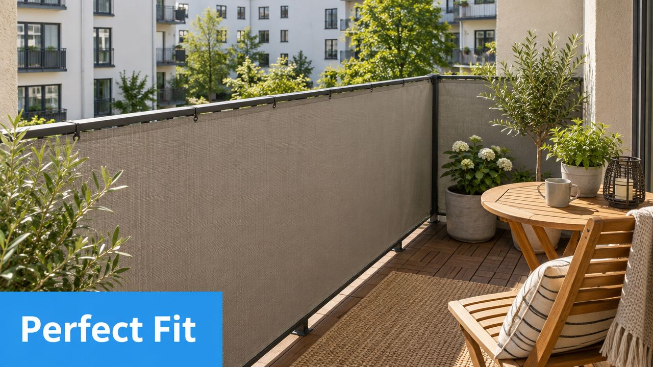 Sichtschutz 160 cm hoch richtig wählen und montieren 6 Ein moderner Balkon mit Sichtschutz, einer gemütlichen Sitzecke und dekorativen Pflanzen in einem sonnigen Außenbereich.