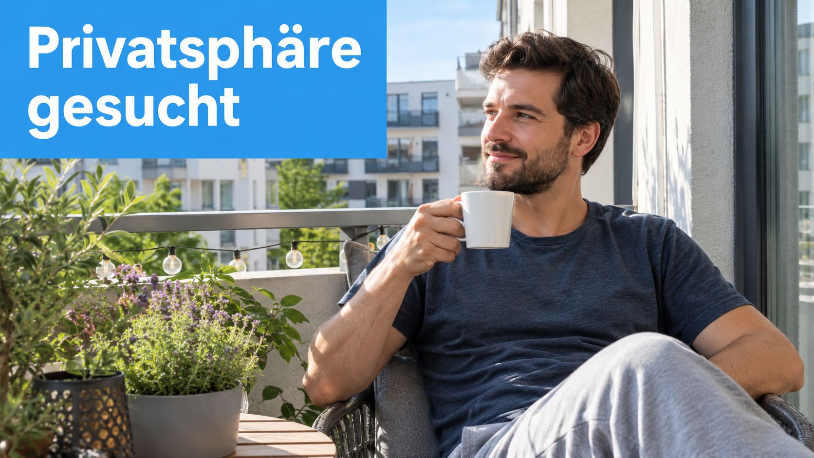 Sichtschutz auf dem Balkon: Ideen für 2026 4 Ein junger Mann genießt entspannt eine Tasse Kaffee auf einem sonnigen Balkon mit Blick auf Wohnhäuser.