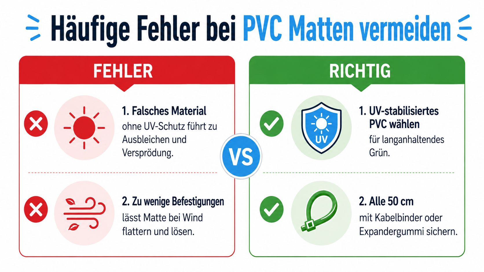 Sichtschutzmatte PVC grün richtig wählen und montieren 5 Infografik mit Tipps zur korrekten Montage und Materialwahl bei PVC-Sichtschutzmatten zur Vermeidung häufiger Anwendungsfehler.