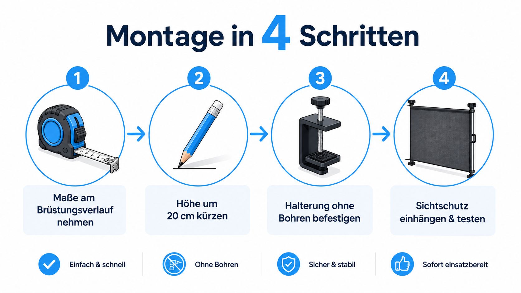 Balkon Sichtschutz ausziehbar: Die beste Lösung 2026 5 Eine Schritt-für-Schritt Anleitung zur Montage eines ausziehbaren Balkon-Sichtschutzes ohne Bohren, dargestellt mit vier Symbolen und Text.