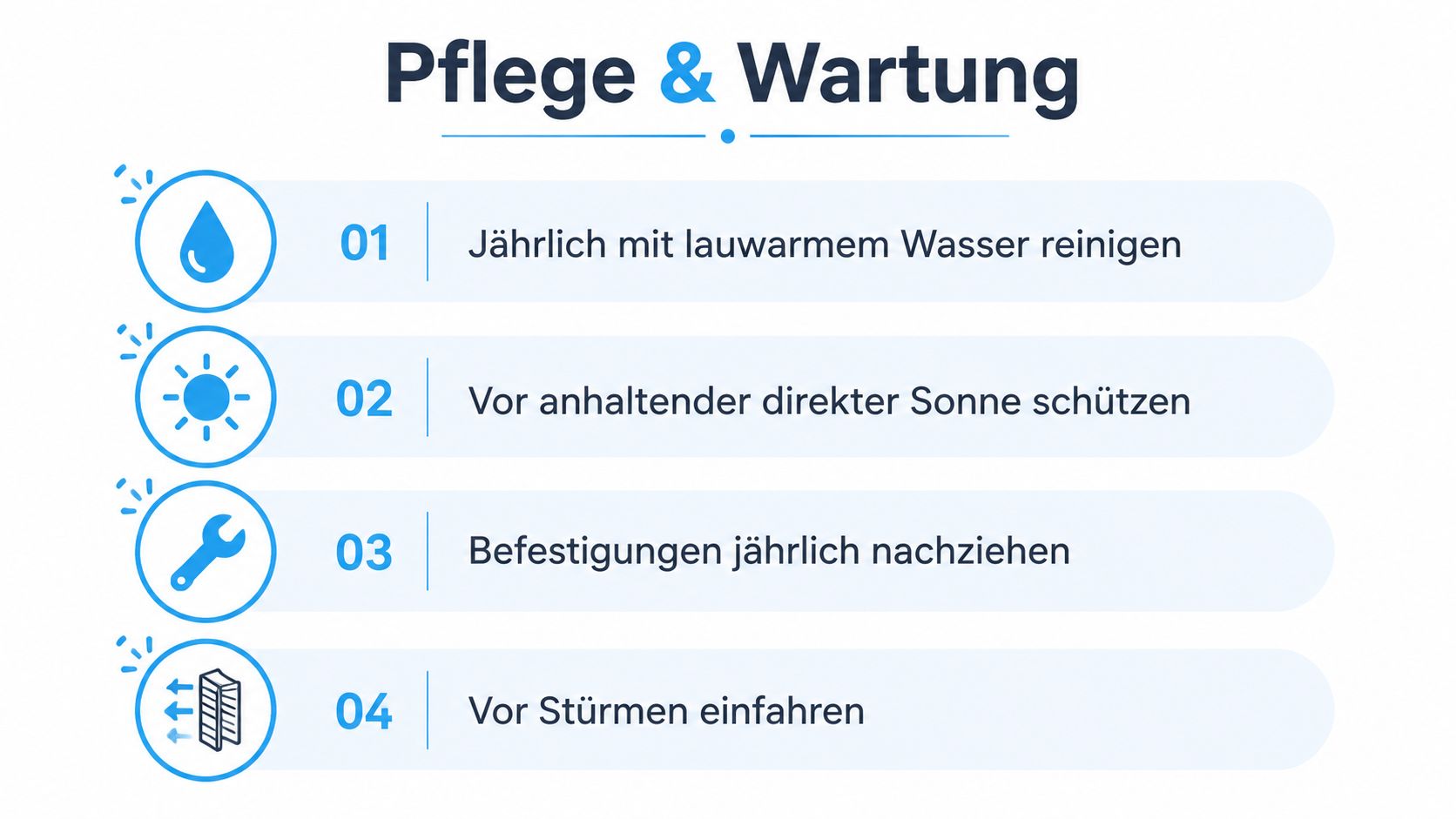 Balkon Sichtschutz ausziehbar: Die beste Lösung 2026 6 Grafik mit vier Anweisungen zur Pflege und Wartung eines ausziehbaren Balkon-Sichtschutzes in einem hellblauen Design.