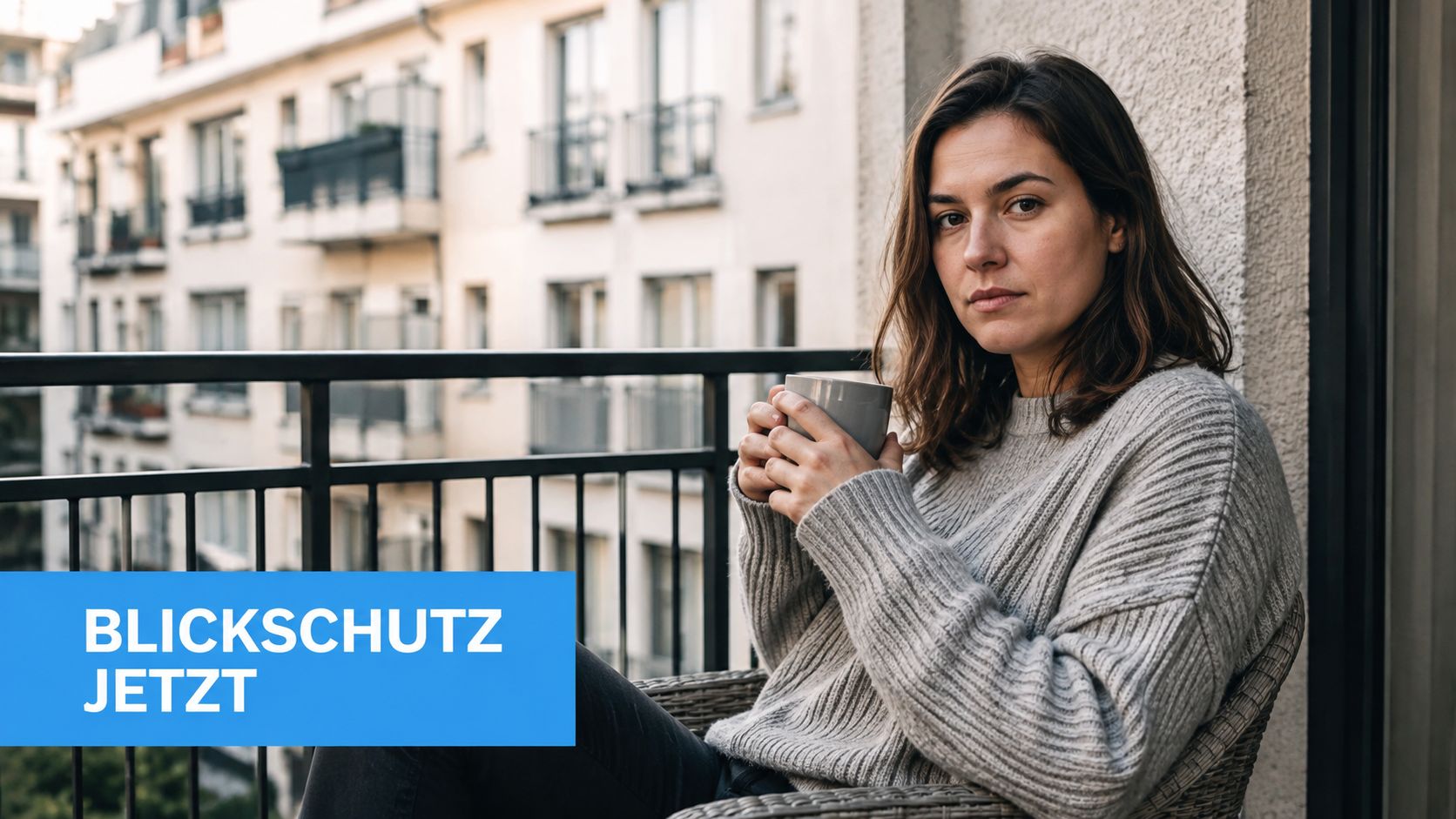 Balkon Sichtschutz ausziehbar: Die beste Lösung 2026 3 Eine Frau sitzt auf einem Balkon und hält eine Tasse, während sie nach Sichtschutzlösungen für ihr Zuhause sucht.